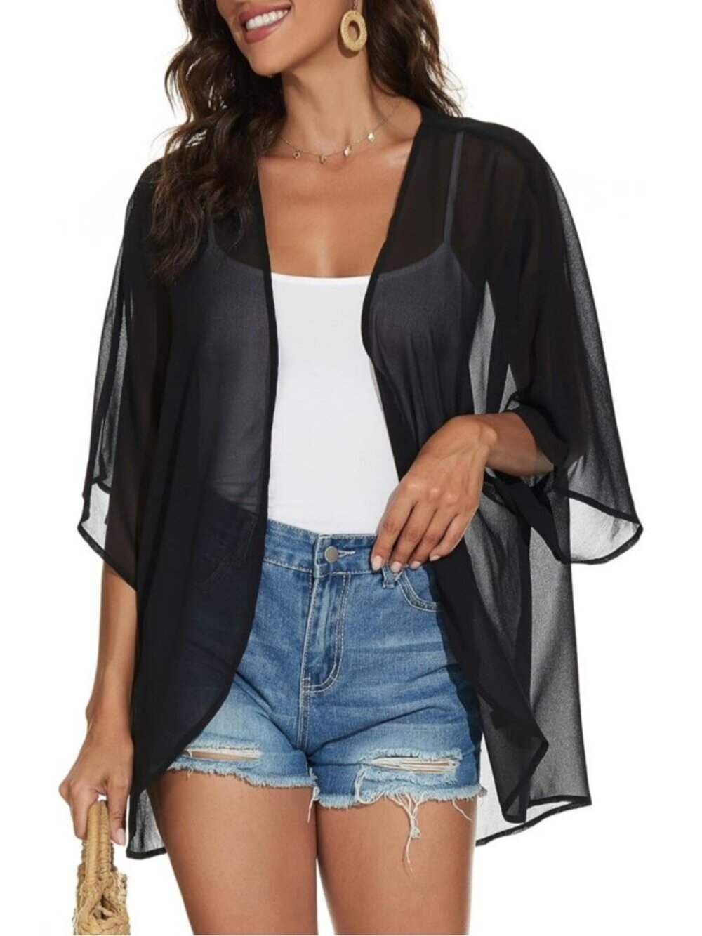 🆕Women Black Polyester Kimono Cardigan Beach Swimwear Cover Up Top Puff Sleeve